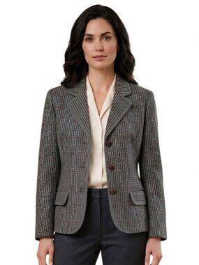 Lizsport Vintage Wool Plaid Leather Button Blazer Fully Lined Size S